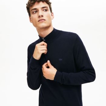 Lacoste Zippered Stand-Up Collar Wool Jersey Sweater - Svetr Pánské Tmavě Blankyt Blankyt | CZ-tcWxG